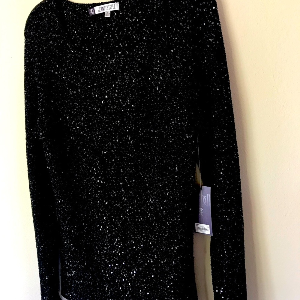 Jennifer Lopez Pullover Sweater Med Scoop Neck Long Sleeve Sequins Black SZ M